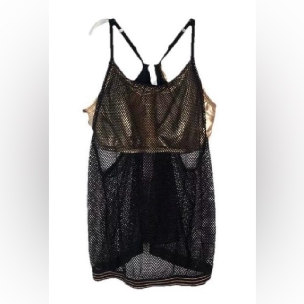 Cacique SWIM Tankini Top Swimsuit Black Gold Stretch Mesh Adjustable Plus Sz 18